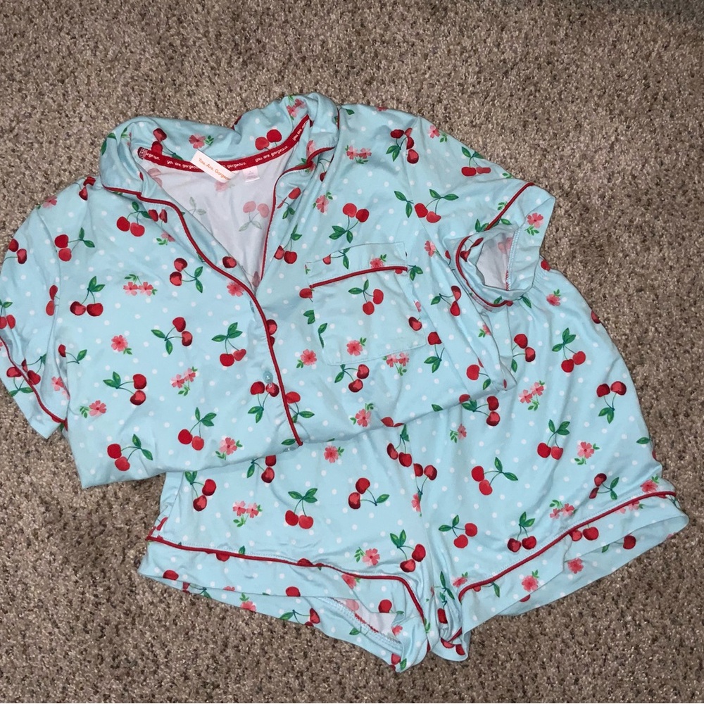 Woman’s Cherry-Print Short Pajama Set - Light Blue